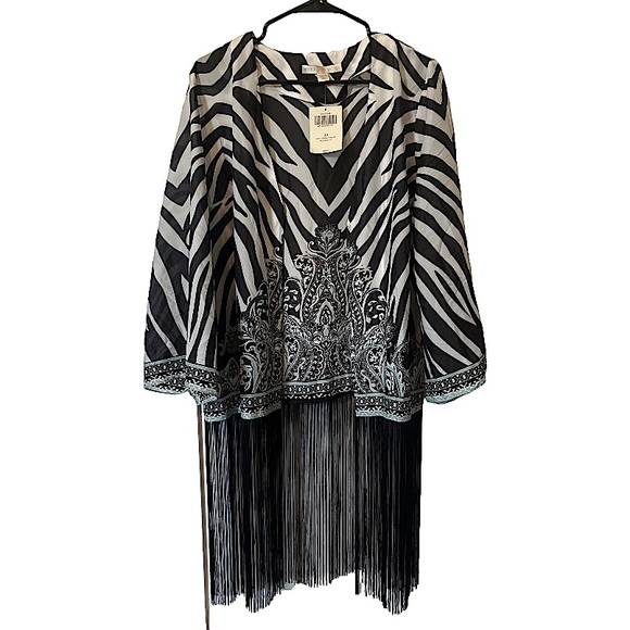 Boston Proper Sweaters - Boston Proper Zebra Paisley Kimono Fringe Cardigan With Clasp Women’s Size 14